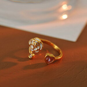 指輪 レディース カメリア ハート オープン フリーサイズ 個性的デザイン 高級感 ライトラグジュアリー ピンキー 人差し指 銅製 ゴールド シルバー 電気メッキ加工 フレンチレトロ アンティ