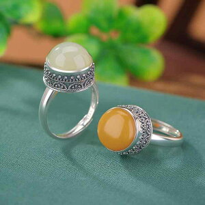 指輪 レディース 女性用 S925純銀 和田翡翠 晴水翡翠 琥珀 レトロ アンティーク調 シンプル フリーサイズ サイズ調整可能 ラウンド型 丸玉 エスニック 秋冬