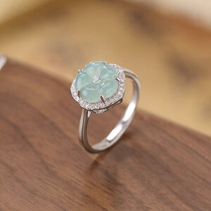 指輪 レディース S925純銀 ブルー翡翠 梅の花 花モチーフ 縁取り 上品 エレガント 個性的 美肌効果 サイズ調整可能 フリーサイズ レトロ アンティーク調 ファッション リング