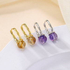 ピアス イヤリング レディース 女性用 S925純銀 ゴールドプレート 天然アメジスト 黄塔晶 竹節 バンブー 丸玉 ドロップ 上品 エレガント レトロ クラシック