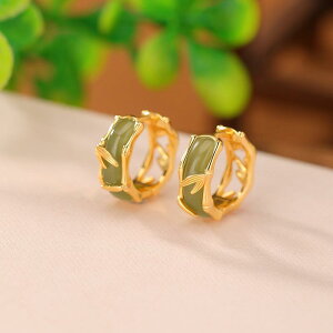 イヤリング レディース シルバー925 ゴールドプレーテッド 和田翡翠 青玉 天然石 新中華風 レトロ アンティーク調 竹モチーフ 竹の葉 透かし彫り 揺れる イヤーカフ ピアス 春夏