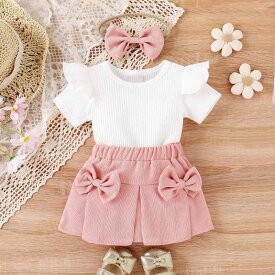 セットアップ ベビー 女の子 3点セット フリル袖 リブ 半袖トップス コーデュロイ リボン ショートスカート ヘアバンド 春夏 普段使い かわいい ピンク 黒 欧米風
