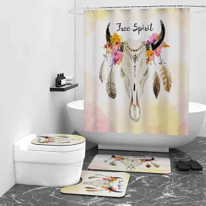 シャワーカーテン ボヘミアン カウスカル柄 エスニック 浴室 間仕切り 目隠し 洗面所 脱衣所 バスマット フロアマット 滑り止め ポリエステル生地 3点セット