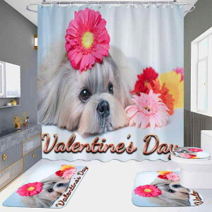 シャワーカーテン 4点セット バスルーム 間仕切り 高画質 デジタルプリント 防水 穴あけ不要 ポリエステル製 子犬 花柄 バスマット U字マット トイレ蓋カバー付き
