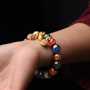 ブレスレット 男女兼用 香灰琉璃 招財獣 念珠 数珠 丸玉 古式製法 多種ビーズ ハンドメイド レトロ風 アンティーク調 民族調 お守り 開運 腕飾り