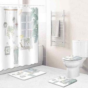 シャワーカーテン バスマット トイレマット 2点セット 3点セット 4点セット 防水加工 グリーンリーフ柄 ポリエステル 速乾 滑り止め バスルーム 洗面所 脱衣所 フロアマット ライトラグジュ