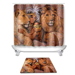 インテリアファブリック ライオン柄 シャワーカーテン フロアマット 玄関 トイレ バスルーム タペストリー 短毛 フランネル ポリエステル製 おしゃれ モダン 高級感 滑り止め 吸水 速乾 多