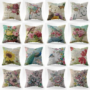 クッションカバー レトロ 花柄 牡丹 ヨーロピアンデザイン 麻 リネン ソファ用 背当て 腰当て おしゃれなインテリア ピーチスキン 正方形 スクエア(x2)