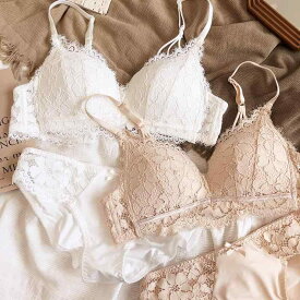 ブラジャー ショーツ セット レディース ノンワイヤー フレンチスタイル レース 三角カップ 寄せ上げ 厚盛りパッド 上薄下厚 小胸カバー インナー 下着 女性用 セクシー フェミニン