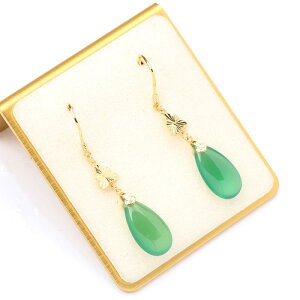 ピアス レディース 水滴 ロング フックピアス エレガント 古風 レトロ 翡翠風 シンプル 銅製 ゴールドグリーン 電気メッキ加工