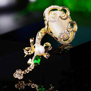 ブローチ レディース 淡水パール 如意モチーフ アンティーク調 エレガント チャイナスタイル 銅製 ゴールド ジルコニア 縁起物 ラッキーアイテム 普段使い ギフト