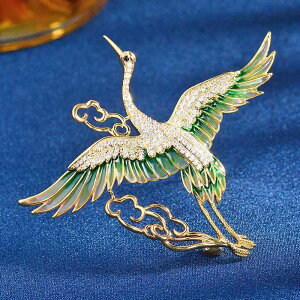 ブローチ レディース 女性用 仙鶴 鶴 雲 中国風 中華風 エナメル彩絵 七宝焼き ゴールド ジルコニア 銅 エレガント 上品 華やか ドレス コート スーツ 和装 普段使い 通勤 オフィス