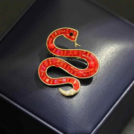 ブローチ 男女兼用 ユニセックス 新春 干支 巳 ヘビ 動物モチーフ 赤 レッド ラインストーン ジルコニア 銅製 電気メッキ加工 ゴールド 縁起物 ファッション小物 おしゃれ ワンポイント プレゼント 贈り物