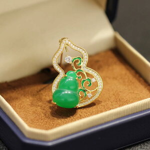 ブローチ 男女兼用 中国風 瓢箪モチーフ 福禄 ジルコニア 七宝焼き エナメル 精巧デザイン エレガント 上品 アウター チャイナドレス 銅製 ゴールド グリーン系 電気メッキ加工