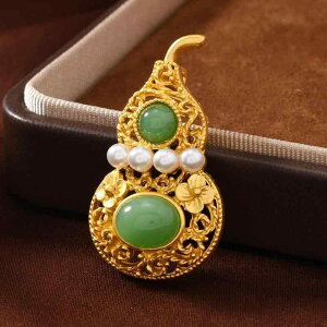 ブローチ 男女兼用 オリエンタル レトロ マットゴールド 透かし彫り 人工翡翠 ひょうたん 露出防止 安全ピン 中華モダン チャイナドレス 漢服 アクセサリー 装飾品 結婚式 亜鉛合金 電気メ