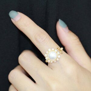 指輪 レディース 天然 淡水パール パール オープンリング ハンドメイド 手作り 調節可能 フリーサイズ 人差し指用 ゴールドカラー シンプル エレガント 上品 個性的 オフィス カジュアル 普