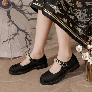 シューズ キッズ 女の子 漢服 古風 メリージェーン プリンセス お姫様 レトロ ラインストーン 刺繍 マジックテープ スエード調 フェイクレザー ホワイト ピンク ブラック 春夏秋 普段使い 発