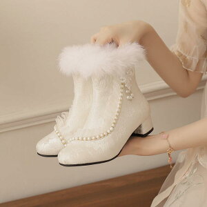 ブーツ レディース フリル ビーズ メリージェーン ショートブーツ 親子コーデ 学生向け 通学 カジュアル 太ヒール ローヒール 合皮 フェイクレザー オフホワイト グリーン ブルー 秋冬 かわ