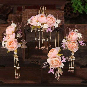 ヘアアクセサリー レディース 女性用 和風 漢服 中国古典 かんざし 挿し櫛 ヘアコーム ヘアクリップ 髪留め フルセット タッセル 歩揺 絹花 シルクフラワー 優雅 華やか 合金 結婚式 成人式