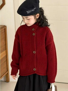 ニットカーディガン 女の子 アウター 秋冬 ワインレッド おしゃれ お正月 新年 韓国風 柔らかい 長袖 前開き 無地 綿 ポリエステル かわいい
