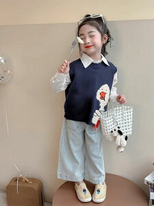 ベスト キッズ ガールズ 春 ニットベスト ジレ キャラクター柄 アニマル柄 おしゃれ かわいい 韓国風 レイヤード トップス 普段使い 通園 通学 ポリエステル ネイビー