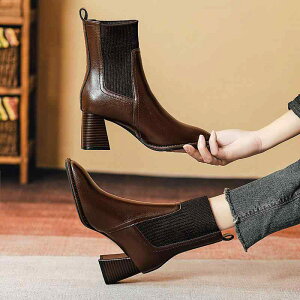 ショートブーツ レディース ニット ストレッチ ハイヒール チャンキーヒール スクエアトゥ ミドル丈 スリムフィット ファッション マイクロファイバー 保温 ブラック ダークブラウン 裏起