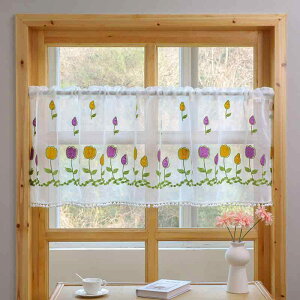 カフェカーテン レース 刺繍 チューリップ柄 アメリカンカントリー調 ナチュラル 透け感 採光 ショート丈 小窓用 キッチン 出窓 目隠し ポリエステル