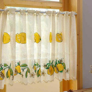 カフェカーテン レモン 小花 刺繍 レース 透け感 ショート丈 ポリエステル 植物柄 小窓用 浴室 ベランダ キッチン リビング トイレ 店舗用 さわやか イエロー系 おしゃれ
