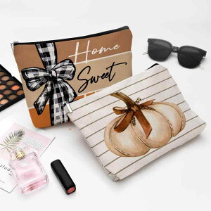 化粧ポーチ ファスナー ジッパー開閉 かぼちゃ柄 麻 リネン ポリエステル 学生 ペンケース 筆箱 トラベル 携帯 小物入れ サニタリー マルチ収納ポーチ キューブ型