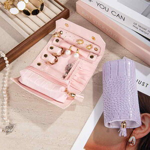 ジュエリーケース 旅行 携帯用 多機能 クロコ型押し レザー 高級感 巻きポーチ アクセサリー 収納 ネックレス 指輪 ピアス ブレスレット対応 手持ち クラッチ レッド ピンク パープル ブラッ