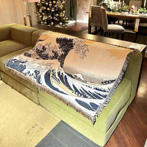 ブランケット 和風 油絵風 アート 両面 ニット 綿 リビング ソファ ベッド インテリア タペストリー マルチカバー 神奈川沖浪裏柄 大判 長方形 スローケット おしゃれ オールシーズン モダン