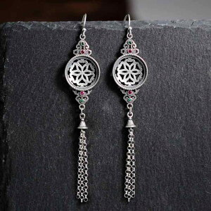 ピアス レディース 925純銀 スターリングシルバー ロング フリンジ タッセル レトロ民族風 エスニック 琥珀 トルコ石 天然石対応 空枠 セッティング ハンドメイド用 パーツ