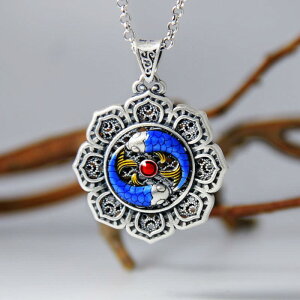 ネックレス レディース 女性用 990純銀 シルバー990 中国風 エスニック 双錦鯉 鯉モチーフ レトロ ヴィンテージ 滴膠 エポキシ樹脂加工 景泰藍 七宝焼き ペンダント