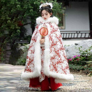 漢服 女の子 キッズ 古風 中国風 プリンセス フード付き 防風 ケープ マント ショール ポンチョ アウター 厚手 暖かい 秋冬 花柄 ポリエステル イベント 衣装 発表会 コスプレ