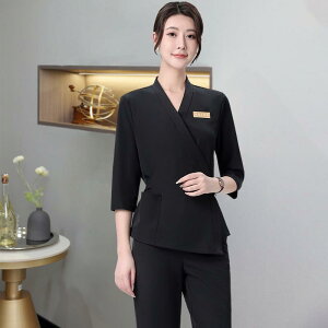 制服 レディース 秋冬 高級感 美容師 エステティシャン セラピスト 施術着 エステ サロン スパ リラクゼーション ユニフォーム 上下セット パンツスタイル ポリエステル 快適 動きやすい 半