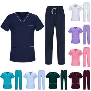 スクラブ 男女兼用 医療用 看護師 医師 介護士 歯科 美容 エステ 施術 ユニフォーム 半袖長ズボン 上下セット Vネック ポリエステル綿混 吸湿速乾 配色切り替え ポケット 高級感