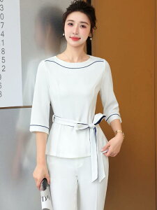 ユニフォーム レディース 美容 エステ サロン 施術着 女性用 七分袖 春秋 フットケア セラピスト 高級感 エレガント イージーケア ポリエステル スパンデックス ネイビー ホワイト グリーン