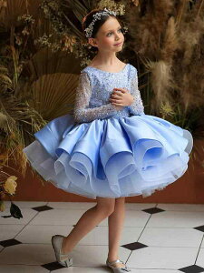 ドレス 女の子 ガールズ 欧米風 長袖 レース スパンコール装飾 ふんわり ショート丈 結婚式 発表会 誕生日 クリスマス パーティー お呼ばれ フォーマル ウェディング オーガンジー ポリエス