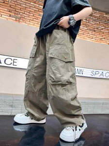 キッズ 男の子 春夏 ストレート ワイド カーゴパンツ ワークパンツ ゆったり 薄手 ロングパンツ 普段使い 通学 カジュアル ストリート おしゃれ 長ズボン グリーン アイボリー ダークグレー