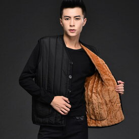 ベスト メンズ 中高年向け 裏起毛 防寒 保温 あったか ジレ 綿 大きいサイズ ゆったり コーデュロイ ラビットファー ノーカラー ビジネス カジュアル パッチポケット ブラック 黒 無地 秋冬