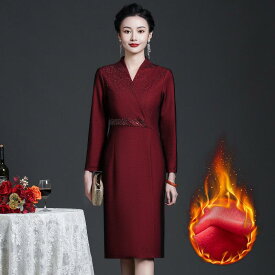 ワンピース レディース 女性用 ミセス シニア 母親 秋冬 裏起毛 長袖 Vネック ラインストーン 上品 エレガント 高級感 結婚式 パーティ フォーマルドレス 大きいサイズ ミモレ丈 タイト 無地