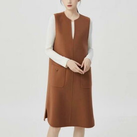 ワンピース レディース ゆったり Vネック ノースリーブ ポケット ウール ダブルフェイス ベスト Aライン ハイウエスト きれいめ 通勤 秋冬 キャメル