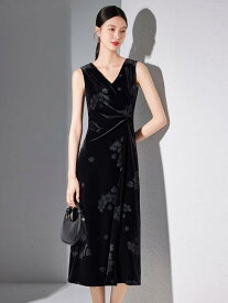 ワンピース レディース 秋冬 落ち感 Vネック ノースリーブ Iライン エレガント 上品 スリム見え ベロア調 ミモレ丈 ポリエステル 伸縮性 通勤 オフィス ブラック