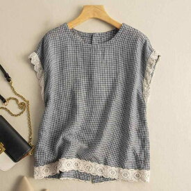ベスト レディース レトロ チェック柄 綿麻 ゆったり プルオーバー クルーネック バックボタン レース切り替え ジレ ノースリーブ 春夏 大人カジュアル 重ね着 ネイビー