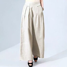 パンツ レディース 春夏 リネン 綿麻 ワイド ストレート ロング丈 ゆったり 大きいサイズ ハイウエスト きれいめ 通勤 ポケット付き コーヒー ブラック ベージュ