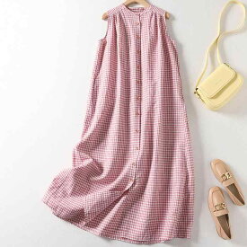 ワンピース レディース 女性用 シフォン ノースリーブ ベストワンピース レッド系チェック柄 前開き ボタン Aライン ロング丈 ゆったり 楽ちん カジュアル 夏物 ドレス 普段使い デイリー お出かけ