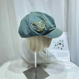 帽子 レディース デニム ベレー帽 キャスケット 広つば ハート柄 小顔効果 レトロヴィンテージ風 ダメージ加工 画家風 ニッチデザイン コットン 春夏秋 UVカット 通気性 黒 青 黄