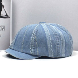 ベレー帽 男女兼用 ユニセックス 切り替え 刺繍 ウォッシュ加工 綿 コットン デニム キャスケット カジュアル 普段使い アウトドア レジャー UVカット 紫外線対策 通気性 小顔効果 防風 ブルー系