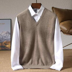 ベスト 男性用 100%純羊毛 Vネック ニット ウール ノースリーブ ジレ ゆったり 無地 秋冬 ビジネス カジュアル 日常使い