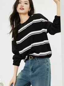スウェット レディース コントラストストライプ クルーネック 長袖 ショート丈 ビッグシルエット 着痩せ プルオーバー ドロップショルダー ポリエステル カジュアル 普段使い 春夏
